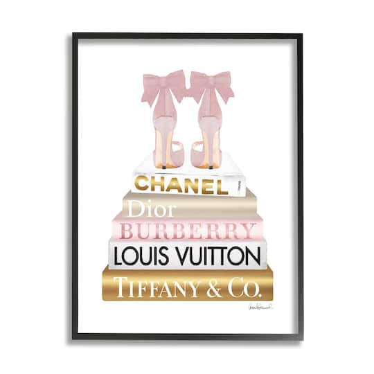 Stupell Industries Pink Gold Heels Bookstack Glam Fashion Design Framed Wall Art